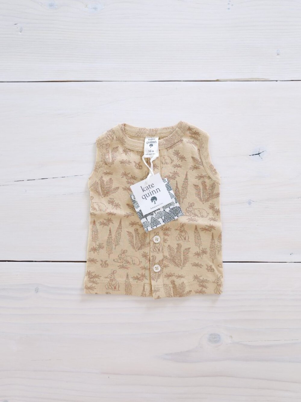 Kate Quinn Farm Rabbit and Fern Brown Button Tank 3-6 Months New Organic Cotton